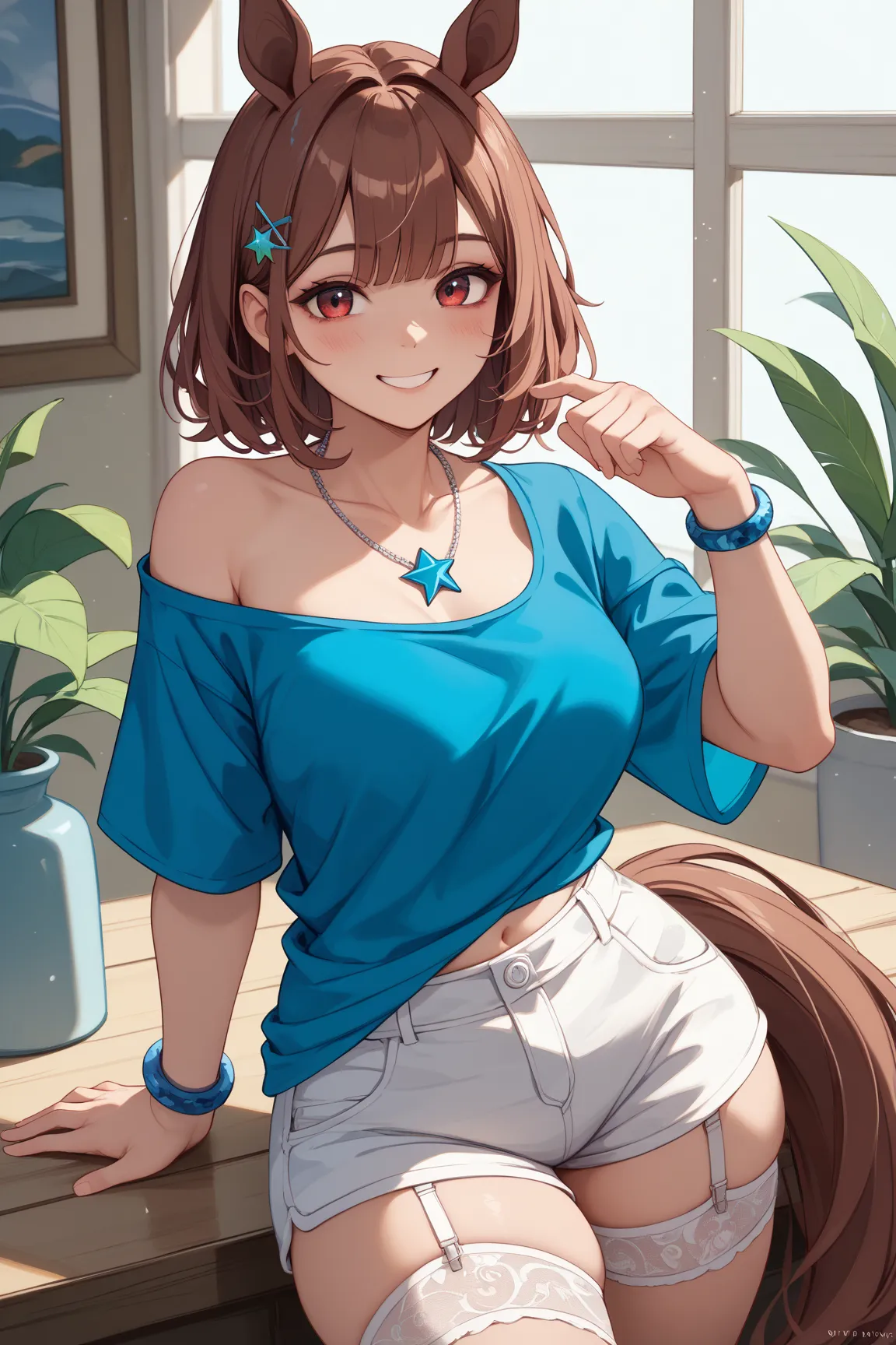 1 girl、 reddish brown hair bouncing sideways、(blue mesh hair)、 star-shaped hairpin with bangs split to the right、 gal、 horse ears、((blue off-the-shoulder shirt))、(( White Hot Pants))、((white shorts))、square necklace、fluorescent light blue ribbon garter rin...