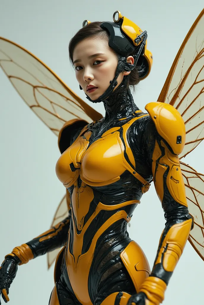 Insect-type Cyborg Girl, (top-quality:1.2, masterpiece), ultra-high resolution, ultimately surrealism, (Photorealsitic:1.4), (Like a queen bee (mechanical:1.4), (armor:1.1)), mechanical large wings, Yellow and black porcelain body resembling a wasp, mechan...