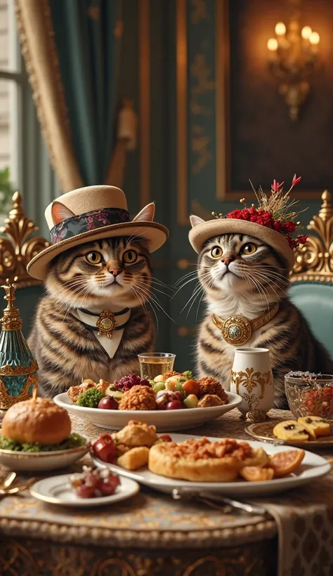 rich cats with elegant hats and plentiful food. In an expensive 