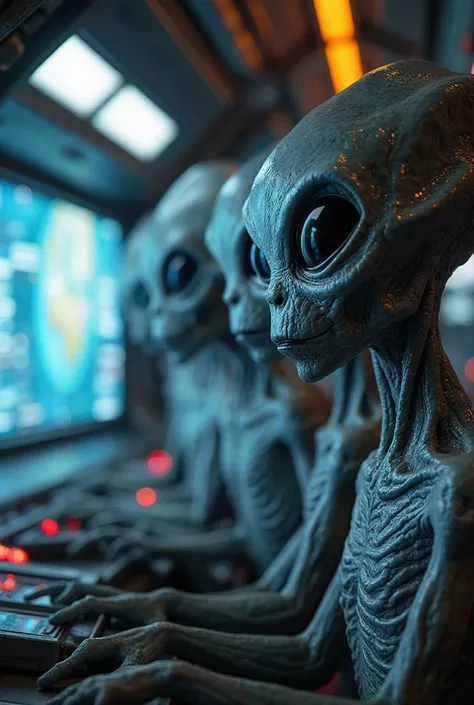 "An 8K UHD image of a group of classic Gray aliens observing Earth from a spaceship, with glowing screens and a futuristic atmosphere. The scene is vibrant and dramatic, with detailed textures of the Grays' large black eyes and the glowing screens. The bac...