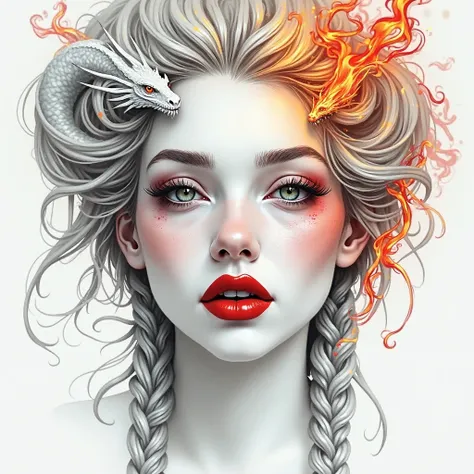 Create a woman where only the face appears, She's white like snow, Her lips are plump and painted red, Your hair looks like fire lived in Nordic braids, Around you are little dragons, Some Cupido Fuego others just smoke and others clinging to their hair. T...