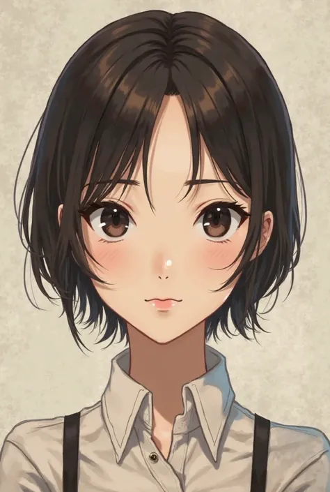 Make anime image of intj female with slim face , black eyes and dark brown hair 