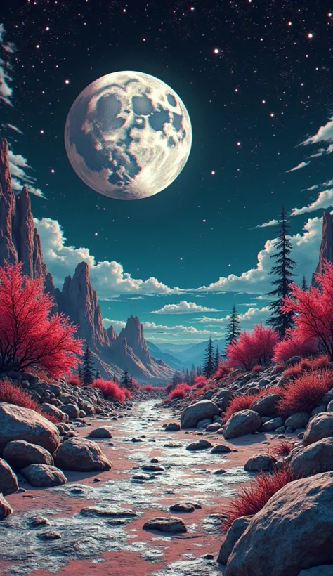 A 3D anaglyph-style image with a red and cyan shift effect. The scene shows [Moon and stars], with vibrant colors and sharp contrast to emphasize depth. The overlay effect is intended to simulate a stereoscopic look, similar to images viewed with old-fashi...