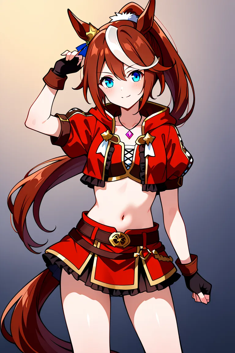 Tokaihorizon, horse tail, long hair, high ponytail, animal ears, ear ornament, red jacket, cropped jacket, hooded jacket, open jacket, puffy short sleeves, black gloves, fingerless gloves, red skirt, miniskirt, belt, necklace, midriff, navel、three-piece si...