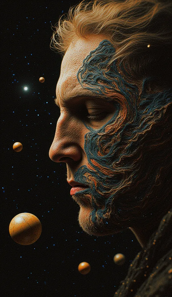  Surreal Portrait with Cosmic Elements
Create the image of an enigmatic figure whose face dissolves into digital traces and signs that merge with a cosmic background. around, floating planets, pulsating stars and nebulas make up a scenario that refers to a...