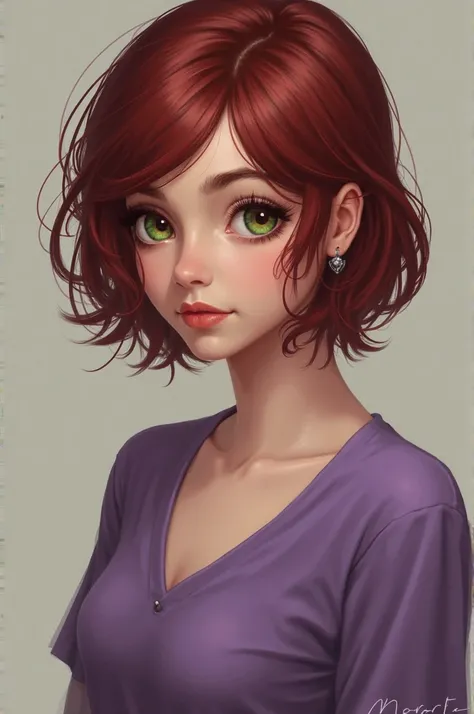 Age ,  dark red hair, green eyes, purple v-neck shirt, round face