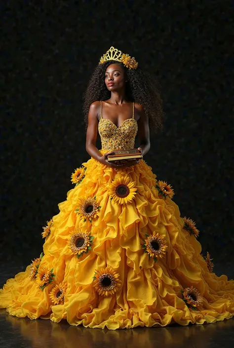 Beautiful black woman in a big dominoes dress full of decorations the dress has an impact yellow and gold pomposely comes on the wave of a river, there are sunflowers, she is a brunette, her hair is super long, curly up to her knees, she wears a gold crown...