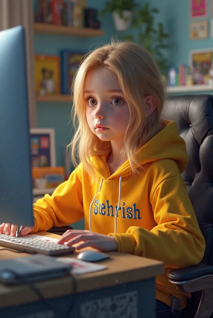  Create a 3D illusion for a profile picture where a 18 years old cute  girl is sitting on his computer room with a pen in his hand and girl wearing yellow hoodie with “Sehrish” written on it