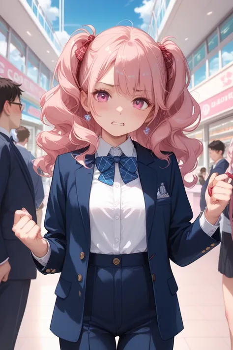 large scissors。I'm standing on the lawn in the park in the evening and putting a clenched fist on my chin and I'm embarrassed、pink wavy hair with pink eyes、navy blue blazer and white shirt and red checked mall breasts,  size, petite body。Highest quality、re...