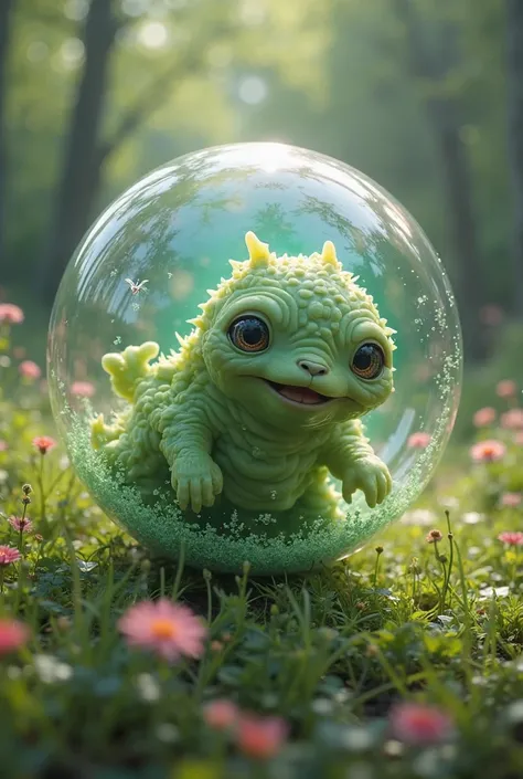 a green monster with big eyes is in some kind of  a bubble, slime (creature), Crawling on the ground,Meadow,