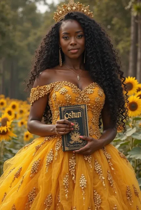 Beautiful black woman in a big dominoes dress full of decorations the dress has an impact yellow and gold pomposely comes on the wave of a river, there are sunflowers, she is a brunette, her hair is super long, curly up to her knees, she wears a gold crown...