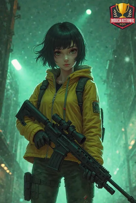 A female character with short black hair wearing a yellow jacket and holding a sniper rifle, standing in a futuristic green-lit environment. The background features industrial structures and glowing green mist. A tournament logo with a golden trophy is pre...