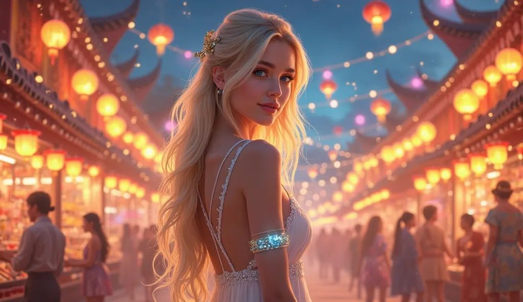 Under a sky illuminated by glowing lanterns, the stunning young woman stands gracefully in the heart of a vibrant festival, radiating an irresistible charm. Her long, golden hair cascades in soft waves, shimmering under the warm, colorful lights that dance...