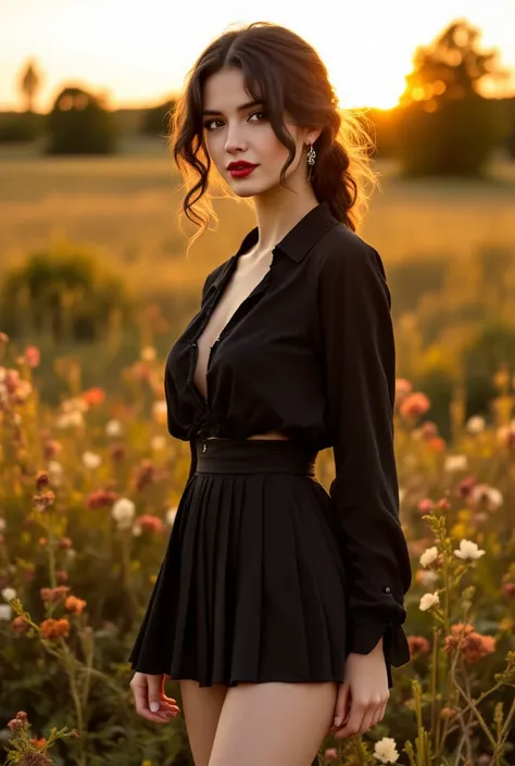 Pretty Russian woman, young 20 years old, wavy black hair, tied behind, tall, thin, white skin, brown eyes, red lips, she is standing in an open field in the afternoon, the Sun is setting, there are flowers, trees and bushes, she is wearing a black pleated...