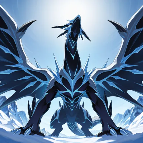 masterpiece, better quality,   Kyurem , without humans, Alone, cold wind,  sky, blue  sky, claws, pose background, Glacier bottom  