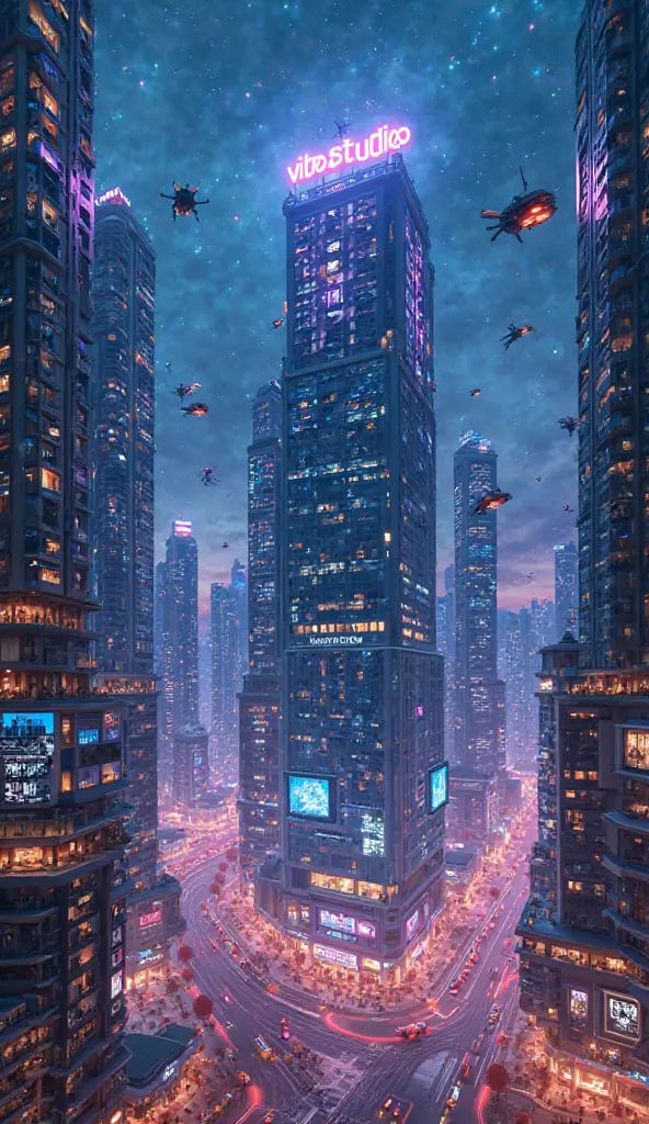 
 Here is a detailed prompt to generate the image :

" A vibrant futuristic city at night , filled with tall skyscrapers with glass facades illuminated by holograms and neon signs. In the center of the scene, an imposing building stands out, with modern ar...