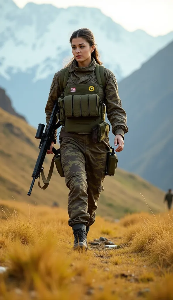 A beautiful young female soldier, 20 years old, strides forward with unwavering confidence across a vast grassland with the towering Himalayas in the background. Her striking face, a blend of elegance and determination, is partially illuminated by the gold...