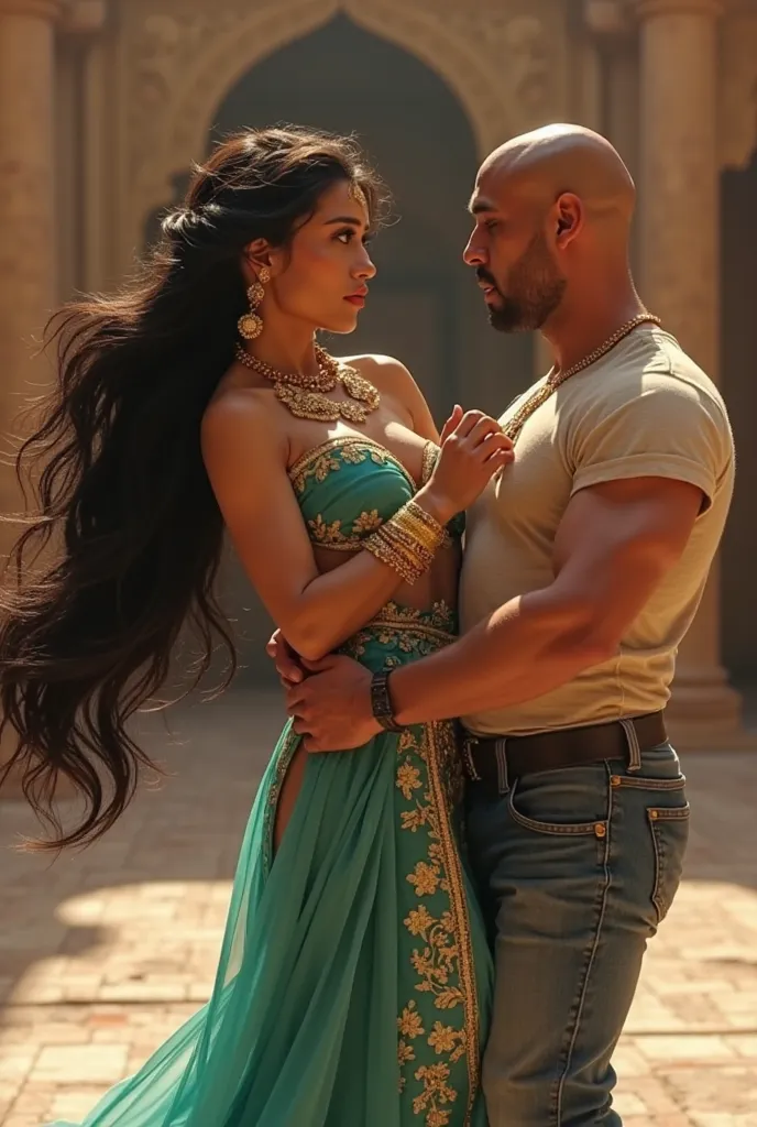 Stunning Princess Jasmine, photo in 8k, in action, cinematic, she is holding a bald man with a medium build, he is wearing a t-shirt, jeans, and sneakers. 