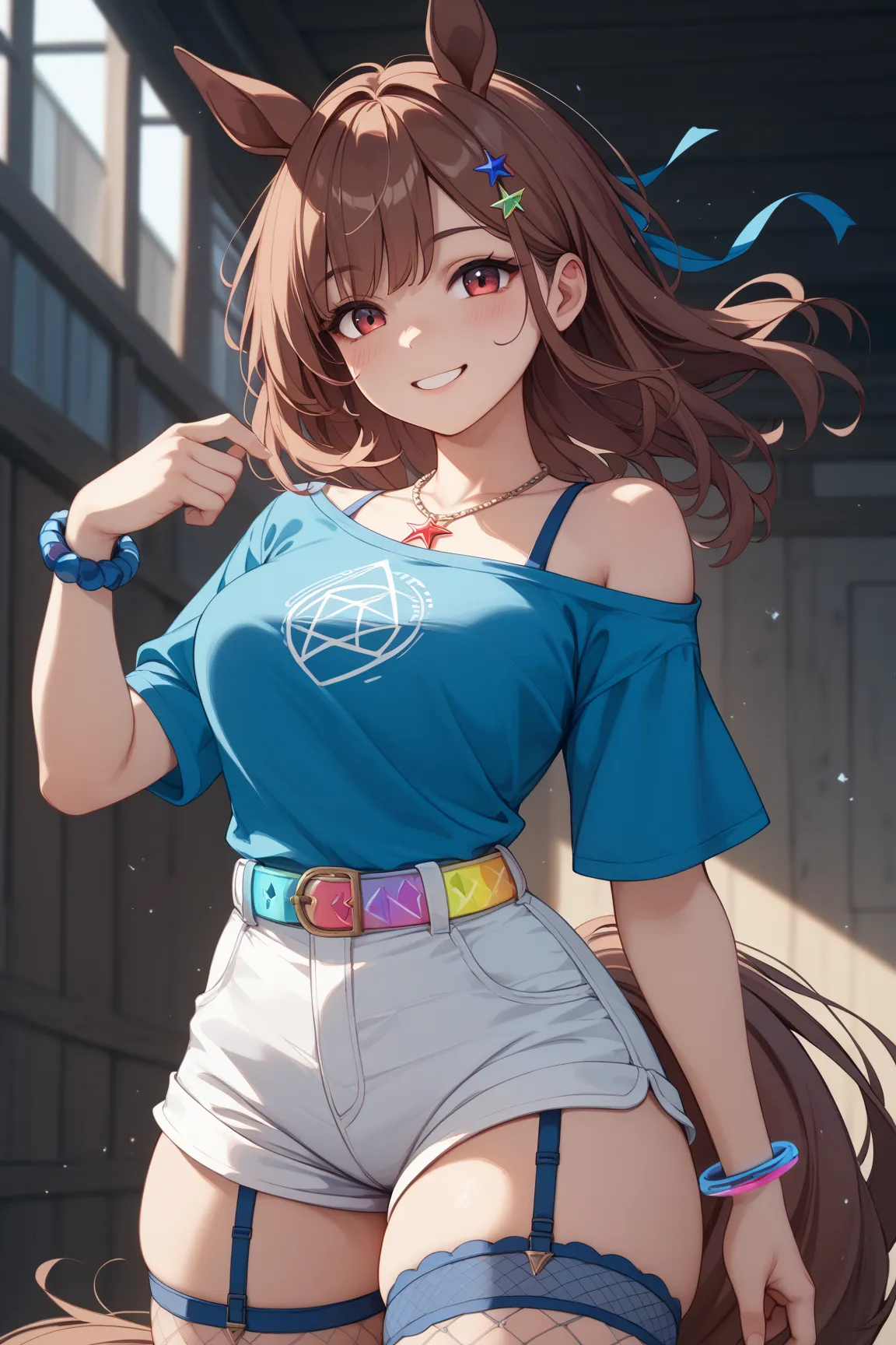 1 girl、 reddish brown hair bouncing sideways、(blue mesh hair)、 star-shaped hairpin with bangs split to the right、 gal、 horse ears、((blue off-the-shoulder shirt))、(( White Hot Pants))、((white shorts))、square necklace、Fluorescent light blue ribbon garter rin...