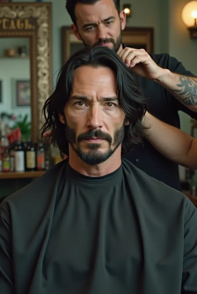 Create shorts video with hair cut of Actor Keanu Reeves talking to the screen 