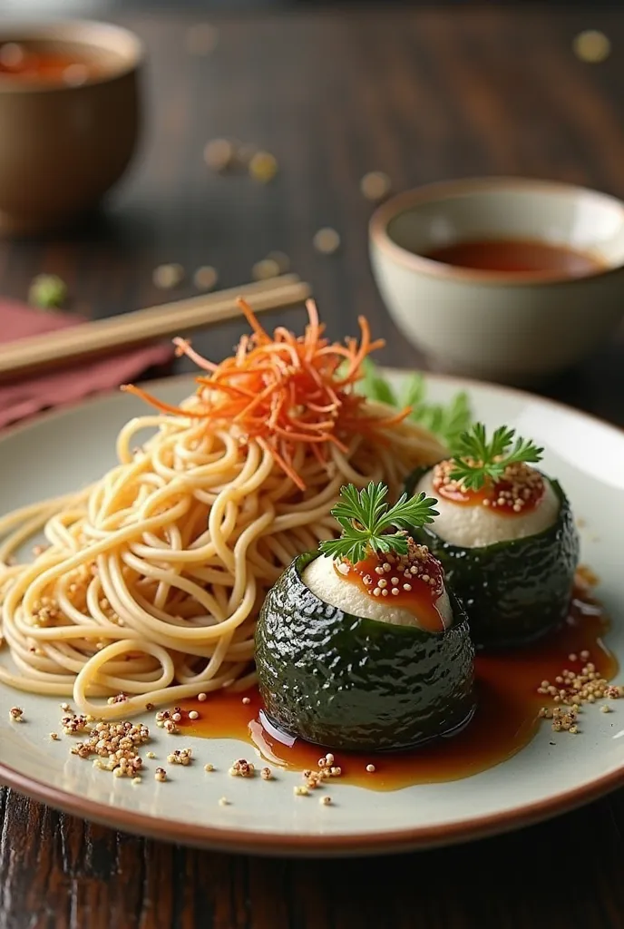 Warm soba noodles and rice balls wrapped in seaweed