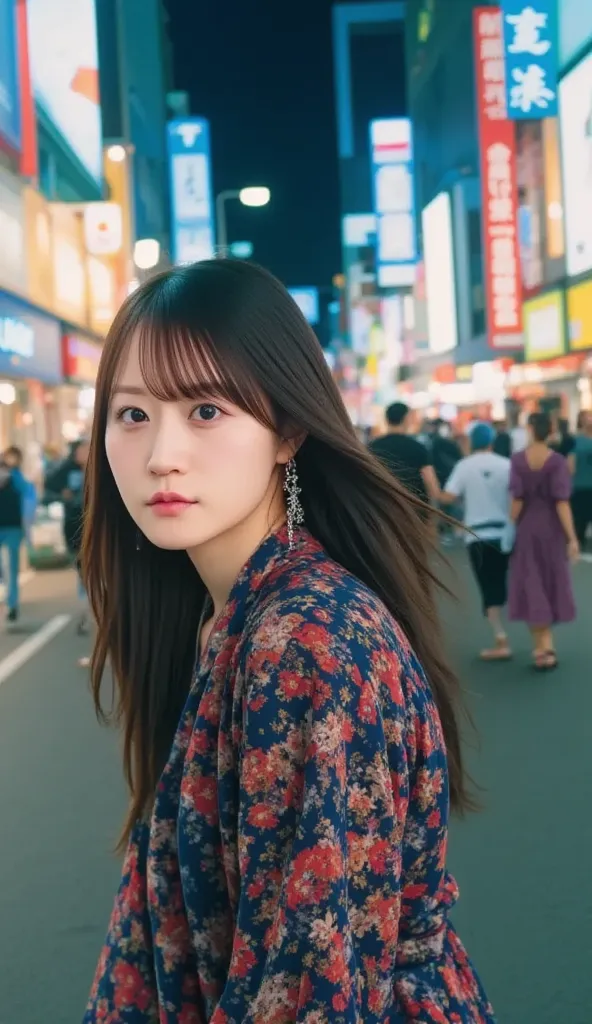 "A beautiful Japanese woman walks through the vibrant streets of Tokyo at night. She has long, flowing black hair and wears an elegant kimono (or a modern stylish dress, depending on preference). The neon lights of the city glow around her, reflecting on t...