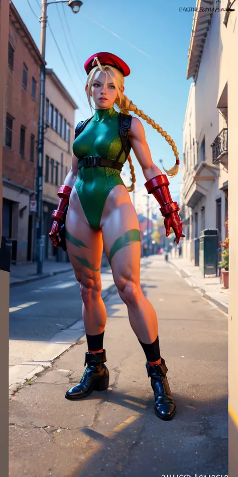 Cammy, BLUE EYES, BLONDE HAIR, VERY LONG HAIR, (TWIN BRAIDS), rED HEADWEAR, (GREEN LEOTARD:1.2), FINGERLESS GLOVES, HARNESS, THIGHS, RED SOCKS, BLACK FOOTWEAR, medium breast, (full-body:1.2), (realistic:1.2), (realism:1.2), (masterpiece:1.2), (best quality...