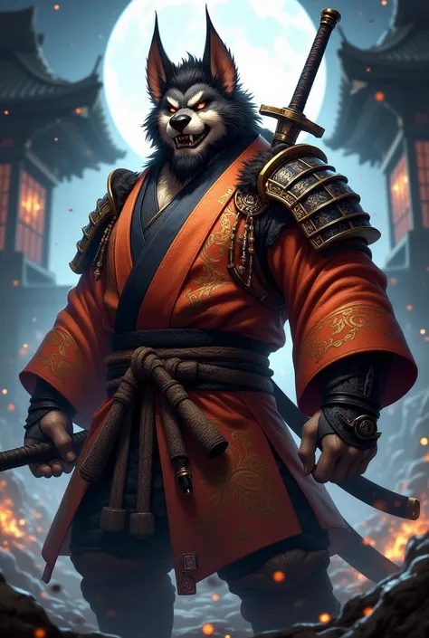 Cool tiger beastman　Samurai wearing a kimono　 Strong Man Style　I'm putting my hand on the sword stuck in my side　Looking at me with a flush of eyes