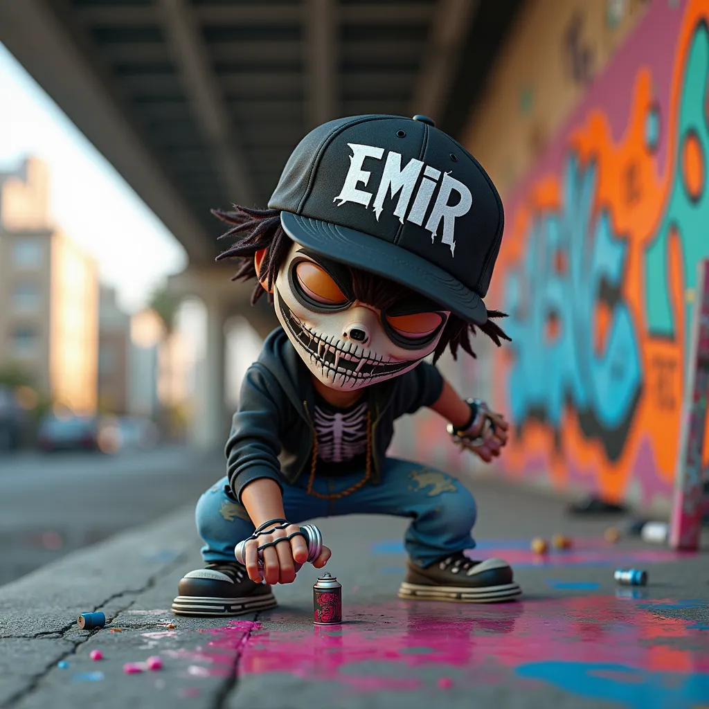 graffiti graffeur personnage animé look hip hop 3D casquette us ecrit dessus Emir dessus en noir ,masque squelette , tient une bombe de peinture dans la main,peinture sous un pond 
