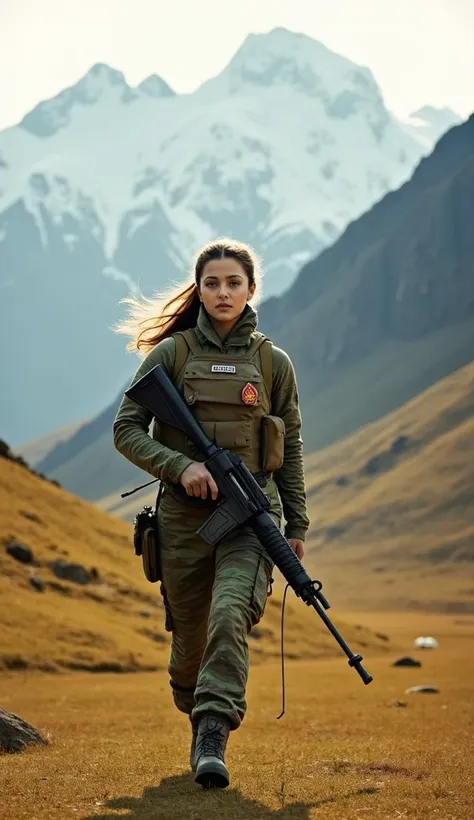 A beautiful young female soldier, 20 years old, strides forward with unwavering confidence across a vast grassland with the towering Himalayas in the background. Her striking face, a blend of elegance and determination, is partially illuminated by the gold...