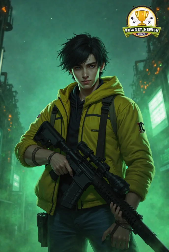 A male character with short black hair wearing a yellow jacket and holding a sniper rifle, standing in a futuristic green-lit environment. The background features industrial structures and glowing green mist. A tournament logo with a golden trophy is prese...