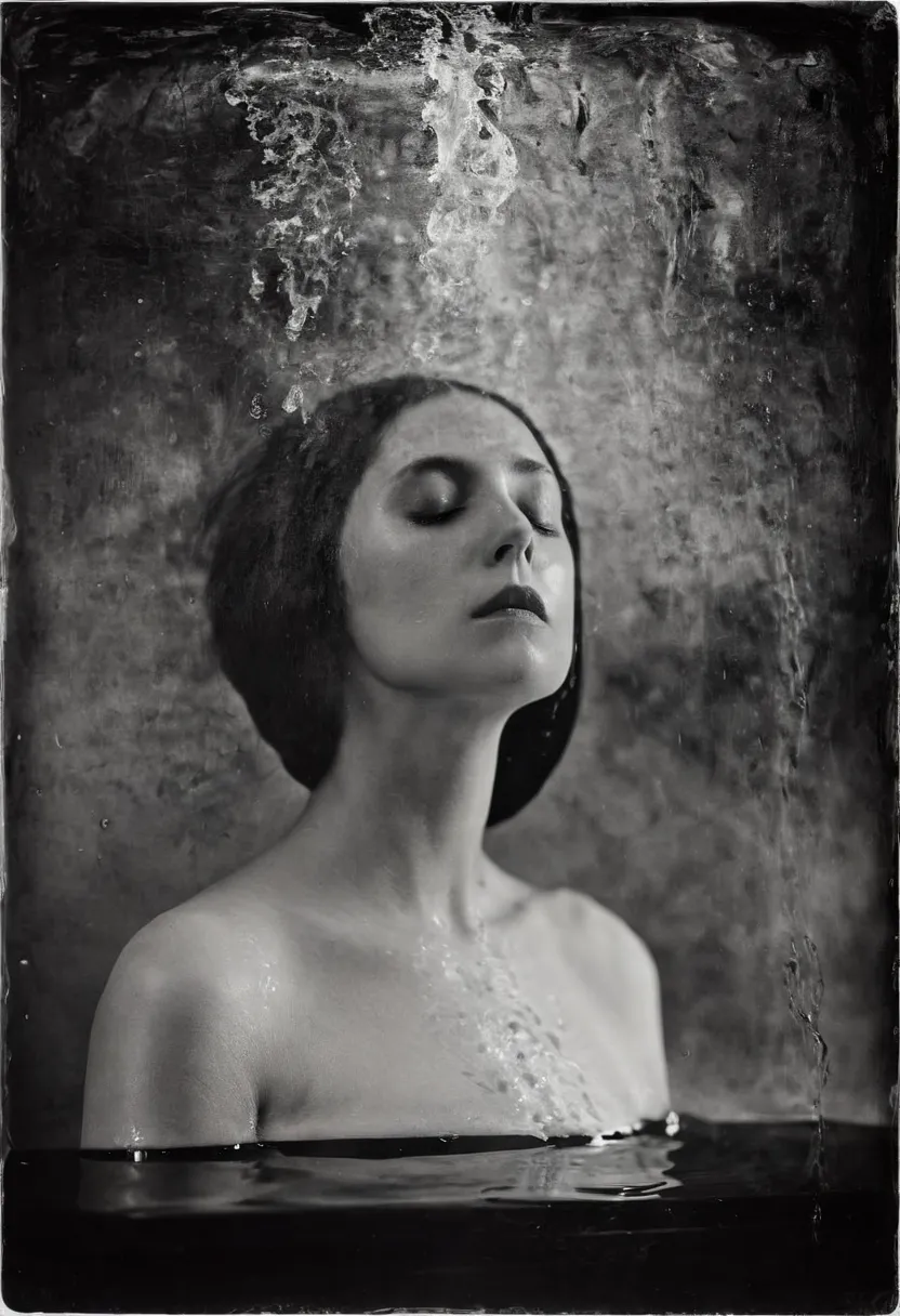 Black and white photograph of a woman with closed eyes, inspired by Claude Cahun, wet collodion, haunting self-portrait, inspired by Kati Horna, collodion photography, inspired by Emil Fuchs, inspired by Julia Margaret Cameron, collodion photography, by Bé...