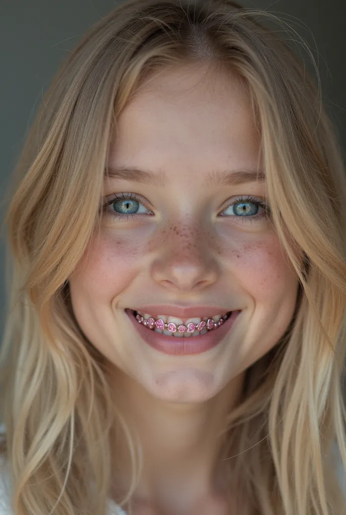   with straight blond hair ,  with blue eyes, with Crystal pink braces showing only the face 