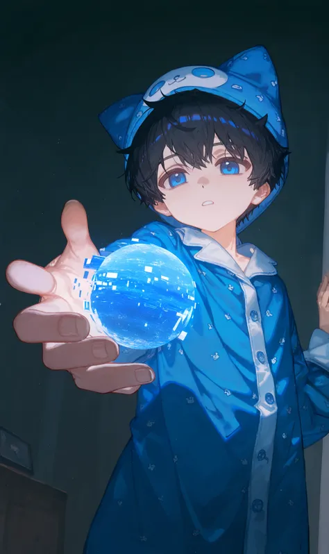 1boy, , , (ciloranko:0.9), lack,foreshortening, black hair, blue eyes,solo , cinematic, masterpiece, best quality, good quality, newest, highres, absurdres,shota,livingroom background,wearing baggy pajamas, pajama hat,person glitch out