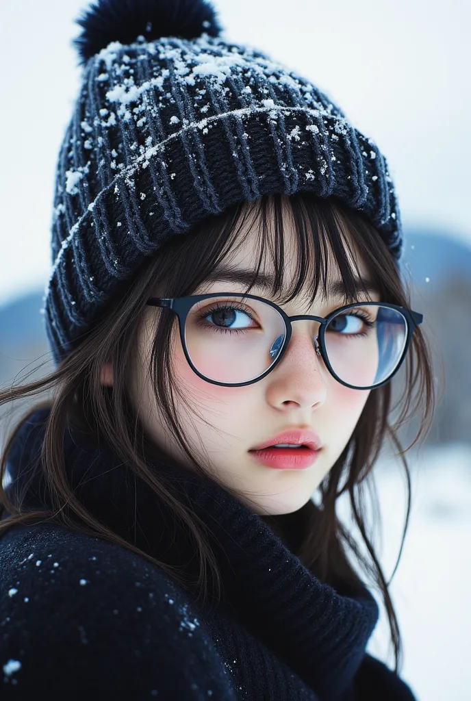 ((TOP QUALITY)), ((傑TOP QUALITY、 Masterpiece、High sensitivity、high resolution、 detailed depiction of up to the front door、 delicate face depiction ))Slender Woman、glasses、Knitted hat、Mods coat、At Mt. Fuji in winter、