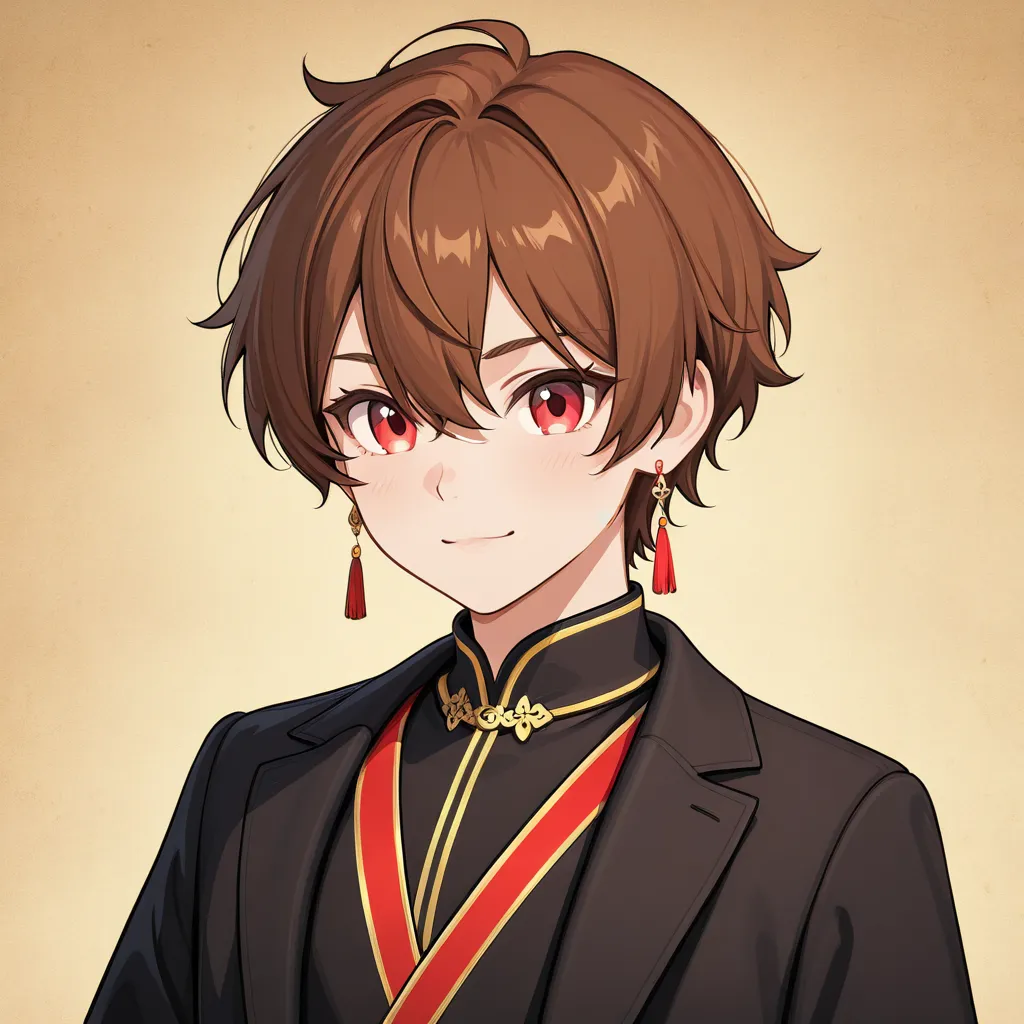 Un Male character inspirado en Chiori de Genshin impact, with short brown and wavy hair,  RED EYES, modern elegant Asian style clothing and earring, cheerful and radiant expression, Male character