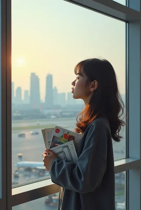 At Incheon Airport, the fan gazes out the large window at the plane that will take her home. From her perspective, her hands hold photos and souvenirs from the trip, including concert tickets and signed albums. The distant view of Seoul evokes a mix of gra...