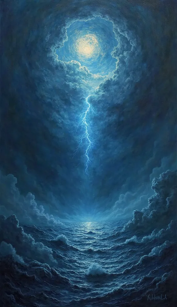 /imagine prompt: "A scene illustrating the shapeless and empty Earth, covered in darkness, creation the Spirit of God hanging over the primal waters, oil painting style, dark tones and deep blue, sense of mystery and expectation."
