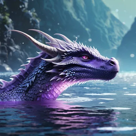 A purple dragon swims in a silver sea, glitter, bokeh details, hd, artstation, unreal engine 5.