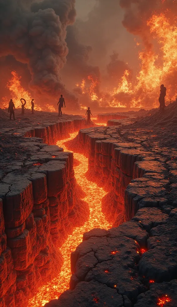 A terrifying, ultra-detailed depiction of hell as described in ancient texts. A vast, fiery abyss stretches into the distance, filled with flames and smoke. Shadows of tormented souls writhe in the distance, their faces twisted in eternal suffering. The gr...