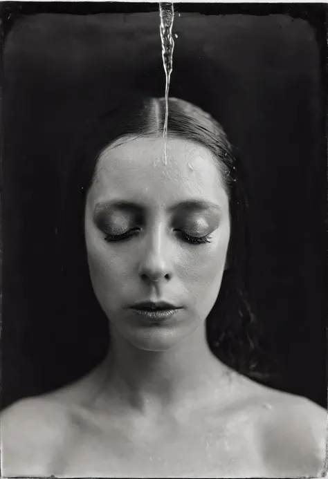 Black and white photograph of a woman with closed eyes, inspired by Claude Cahun, wet collodion, haunting self-portrait, inspired by Kati Horna, collodion photography, inspired by Emil Fuchs, inspired by Julia Margaret Cameron, collodion photography, by Bé...