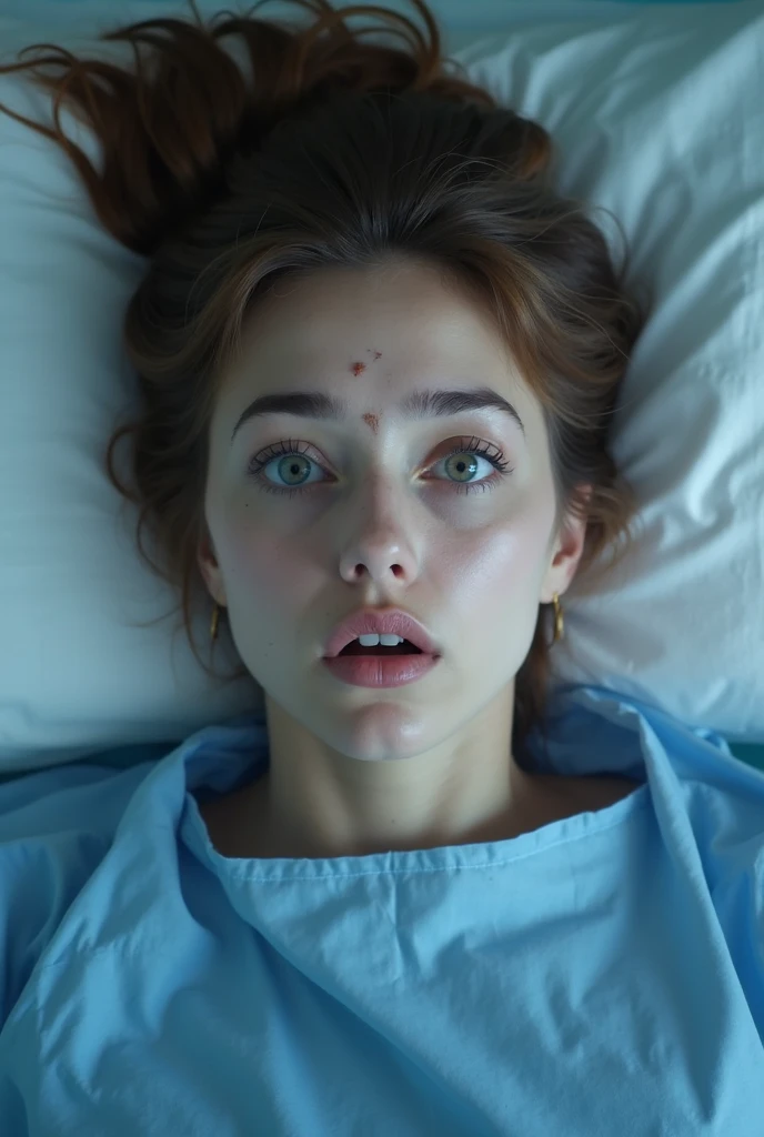 A wide-eyed woman in blue, straight hair tied up, with a small scar on her eyebrow in a blue hospital gown,  lying on a hospital bed ,, opening her eyes and with an open mouth scared, while squeezing the sheets on her bed, ultra HD, realistic, modern image...