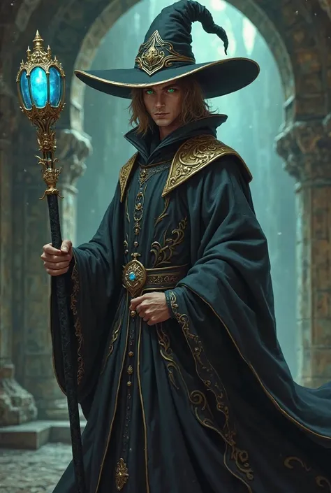 Create Yu-Gi-Oh style a handsome mature man with medium straight hair with light green eyes with shapely legs wearing a black wizard hat with gold details wearing a black magic wizard robe with gold details holding a black magic staff with gold details wit...