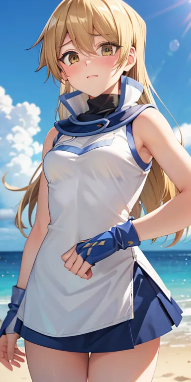  1 female,high definition,high resolution,  ultra-realistic  ,8K, ta1,blond hair,long hair,yellow eyes,  white jacket,  sleeveless, blue skirt, Skinny skirt  , mini fold,fingerless gloves, hair covering one eye,  strapless swimsuit, flower,  standing on th...