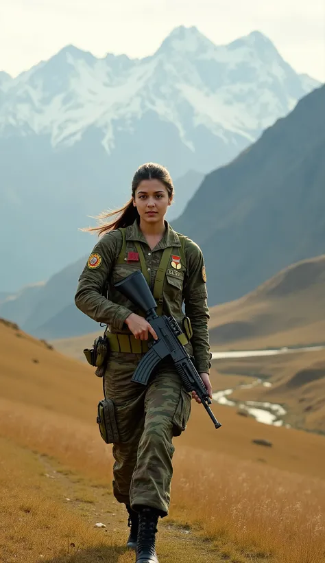 A beautiful young female soldier, 20 years old, strides forward with unwavering confidence across a vast grassland with the towering Himalayas in the background. Her striking face, a blend of elegance and determination, is partially illuminated by the gold...