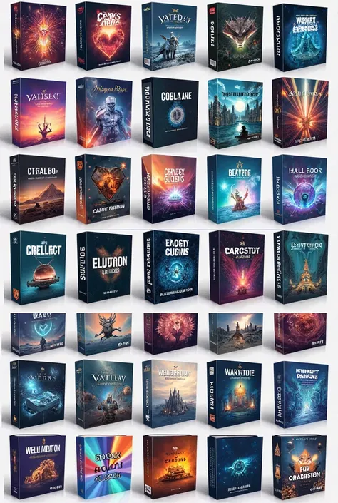 A high-quality, professional studio shot of 120 diverse digital products neatly arranged and ready to sell. Each digital product is uniquely designed with a vibrant color palette and captivating visuals, showcasing their potential value and appeal to a wid...