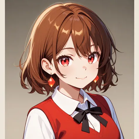 Un Male character inspirado en Chiori de Genshin impact, with short brown and wavy hair,  RED EYES, modern elegant Asian style clothing and earring, cheerful and radiant expression, Male character