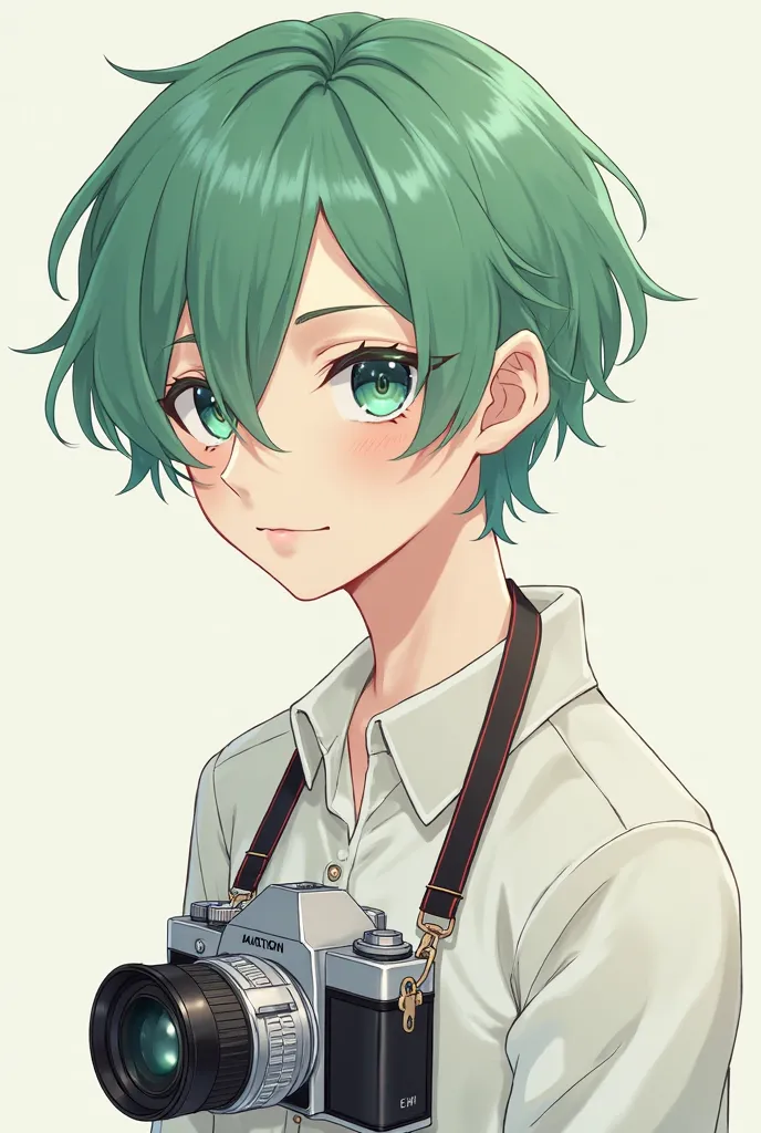 Anime, Always with a camera on the neck, wears a white jacket, has a somewhat effeminate visual but it's a boy, have green medium length hair with bangs that cover the left eye.