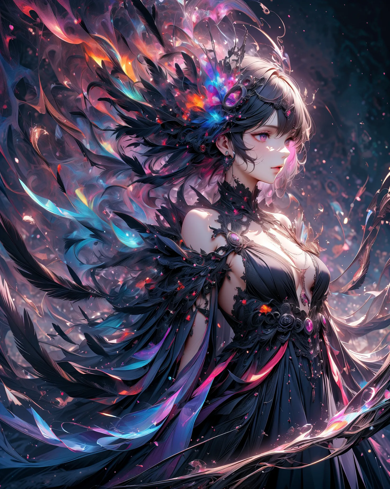 The girl in the mirror、Rainbow Mash Hair、Rainbow Eyes、black rose dress、Black Feathers Flying Down、 Bodhisattva、High Resolution, masterpiece, accurate, 