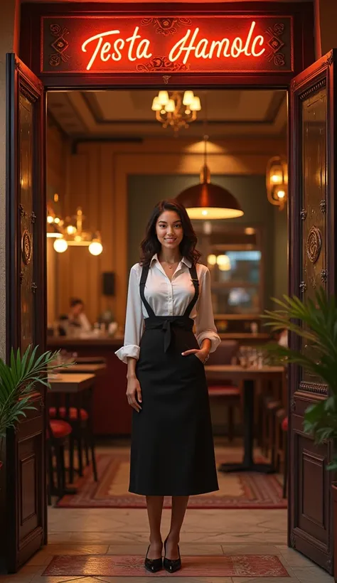 beautiful latin woman offering restaurant services at the door of the restorant.